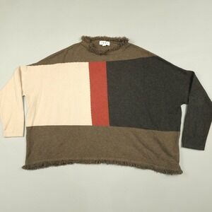 Anthropologie THML Sweater Women Medium Brown Color Block Knit Pullover Fringe
